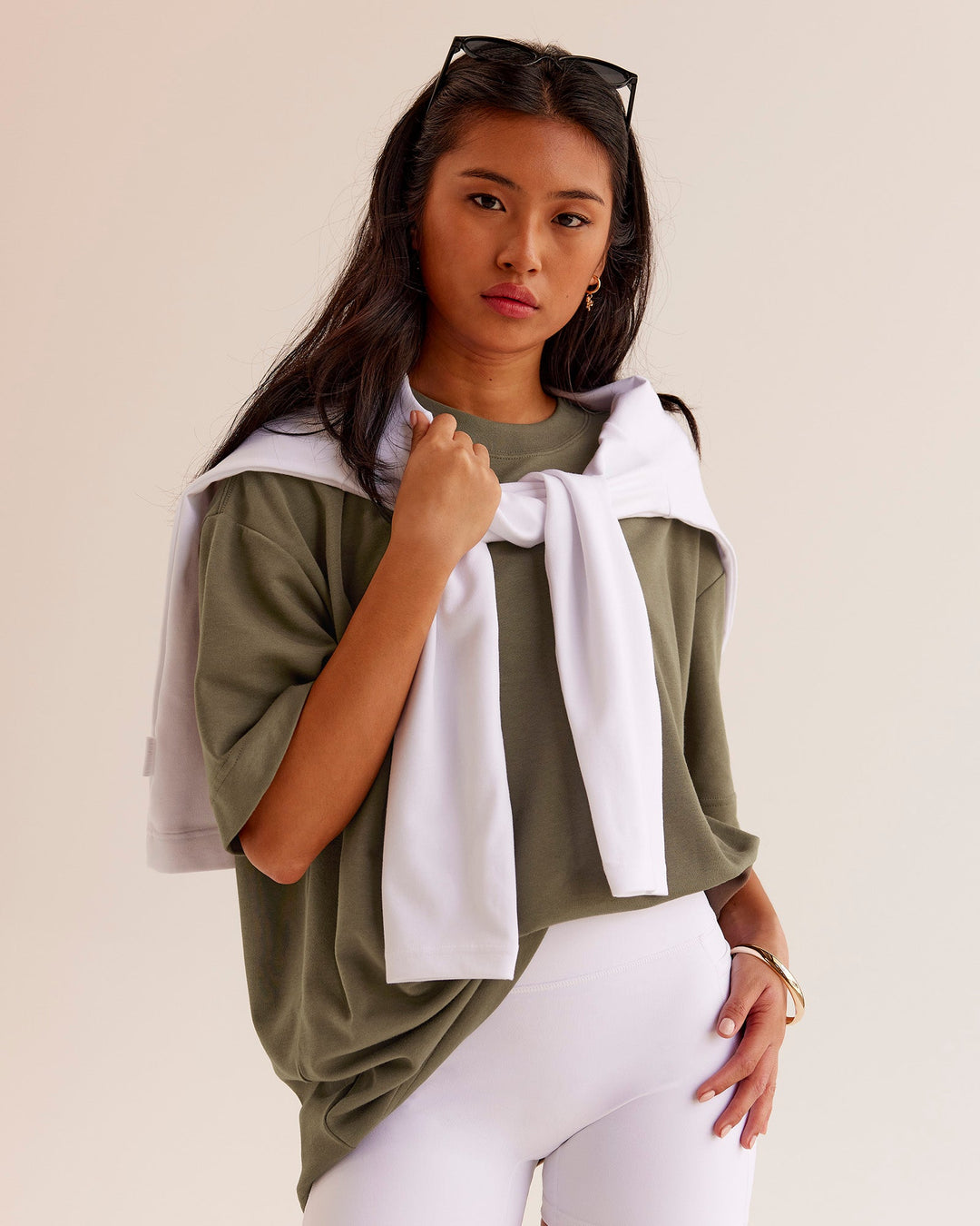 Woman wearing AfterDark ZeroCrease Oversized Tee - Walnut Grey | Model:Loren | Size:XS
