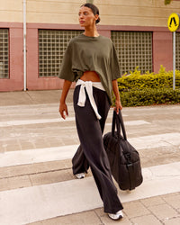 Woman wearing AfterDark ZeroCrease Oversized Tee - Walnut Grey | Model:Nejilka | Size:XS