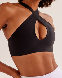 Woman wearing Bend & FLX Plunge Sports Bra - Black | Model:Georgia | Size:XS