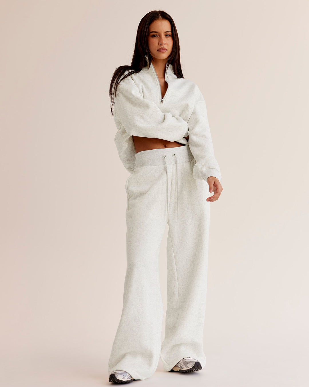 Woman wearing Go-To Oversized Quarter Zip Sweater - Silver Marl | Model:Eliza | Size:XS