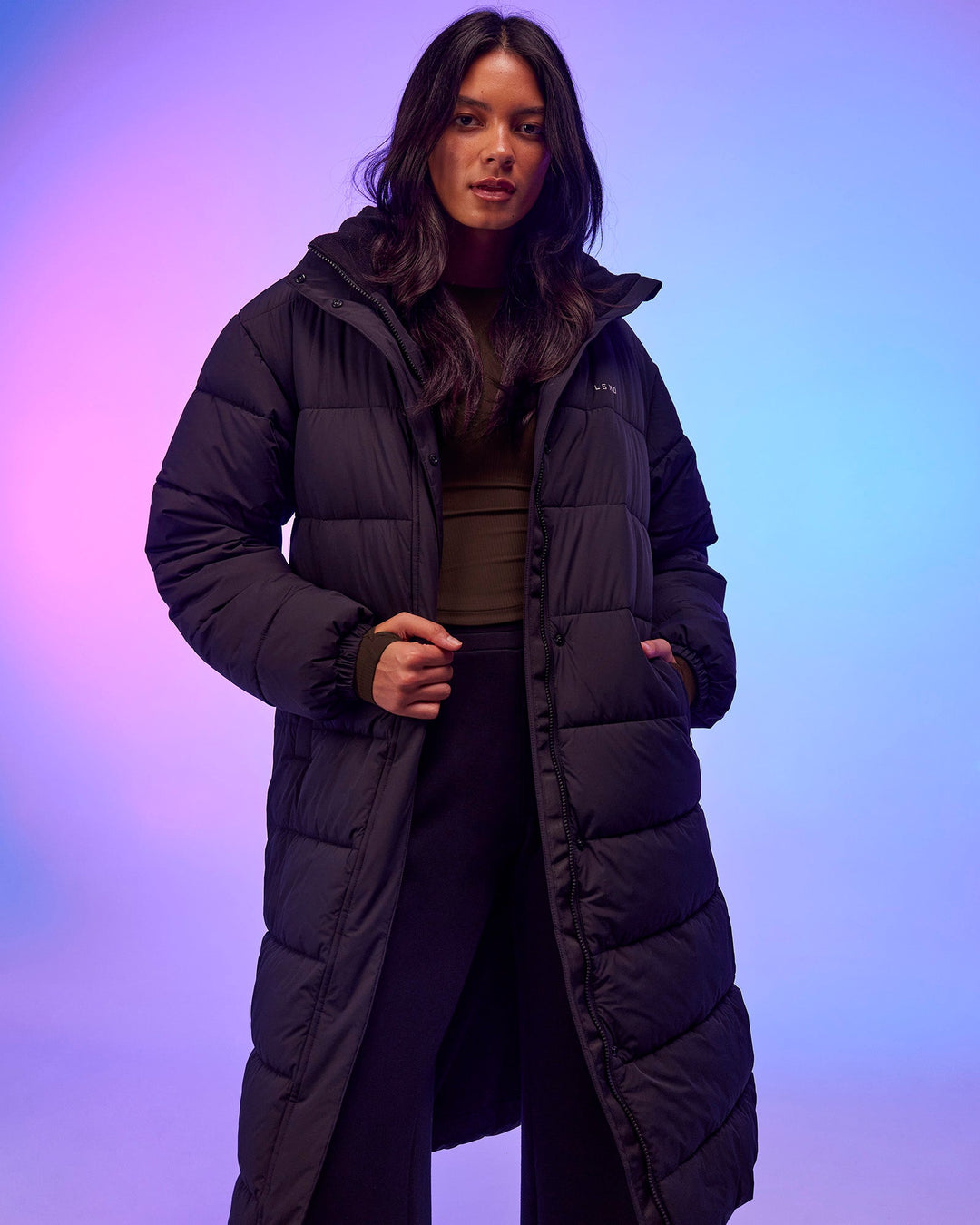 Woman wearing Go-To Puffer Long Jacket - Black | Model:Alex | Size:XS