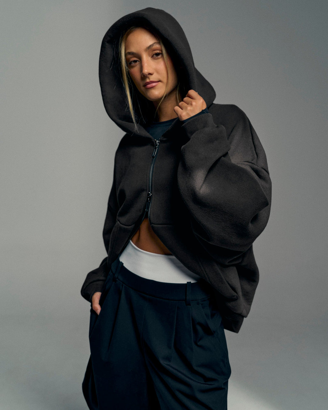 Woman wearing Memory in Motion Ultra Heavyweight Zip Thru Hoodie - Black Washed | Model:Georgia | Size:XS
