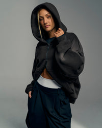 Woman wearing Memory in Motion Ultra Heavyweight Zip Thru Hoodie - Black Washed | Model:Georgia | Size:XS