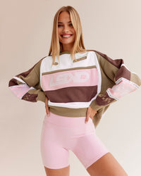 Woman wearing Power Sweater - Cocoa Powder-Marshmallow | Model:Taneisha | Size:XS