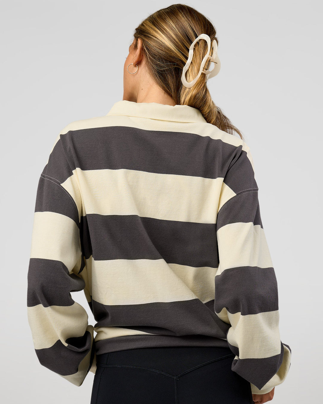 Woman wearing Clubhouse Unisex Rugby Polo - Off White-Grey | Model:Georgia | Size:XS