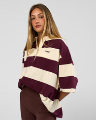 Woman wearing Oversized Rugby Polo - Off White-Cherry | Model:Georgia | Size:XS 