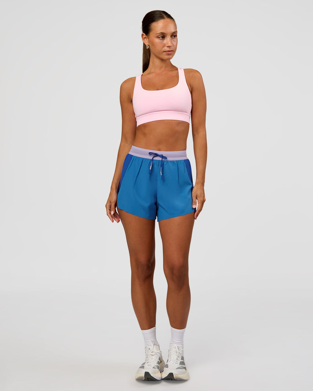 Woman wearing Accelerate 3" High-Rise Running Short - Electric Indigo-Multi | Model:Brylee | Size:XS