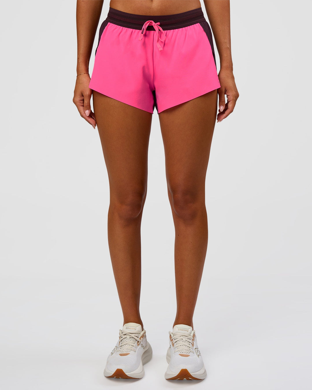 Woman wearing Accelerate 3" Mid-Rise Running Short - Midnight Plum-Sugar Plum | Set:True | Angle:front | Model:Charli | Size:XS - view 6