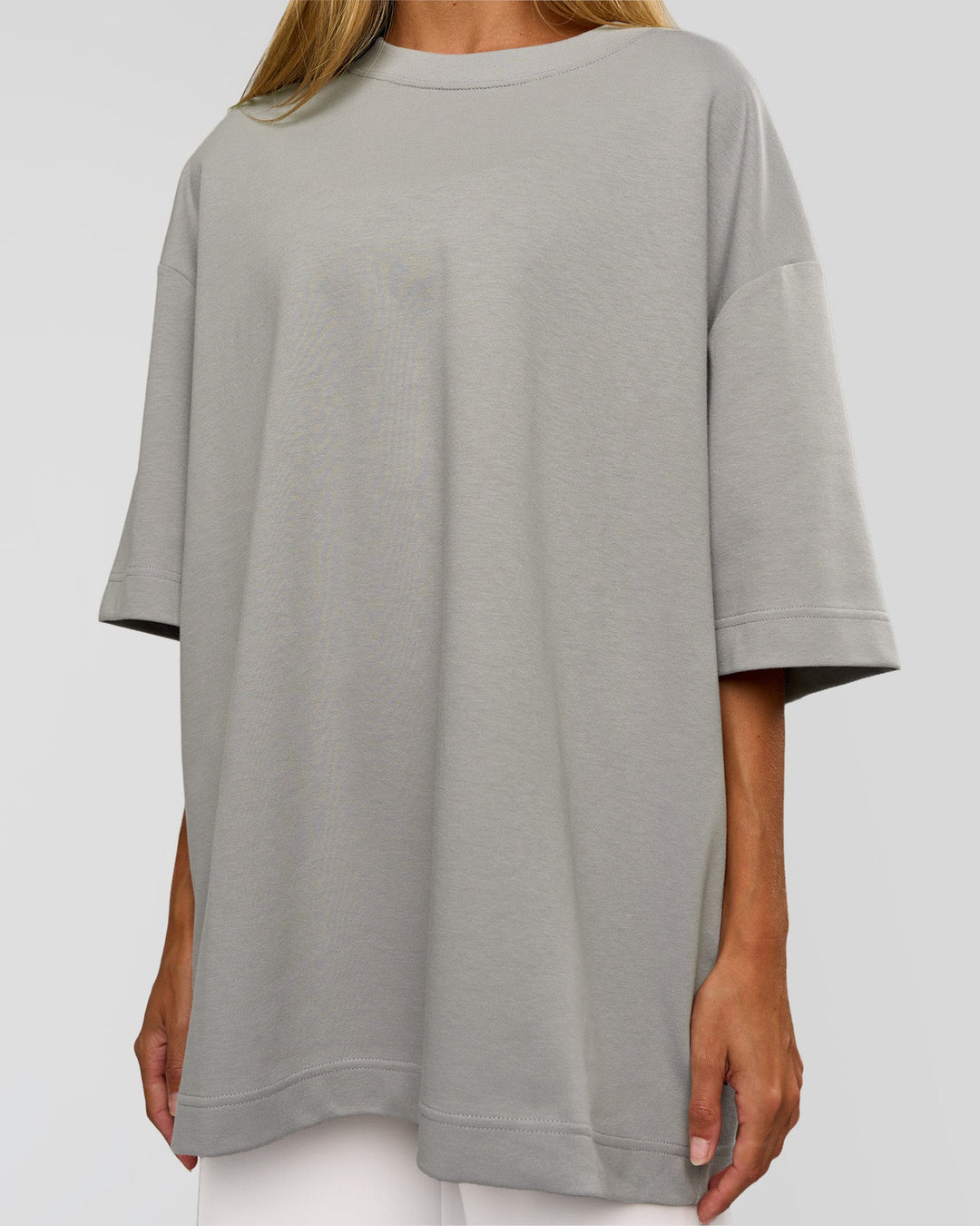 Woman wearing AfterDark ZeroCrease Oversized Tee - Alloy | Model:Georgia | Size:XS - view 11