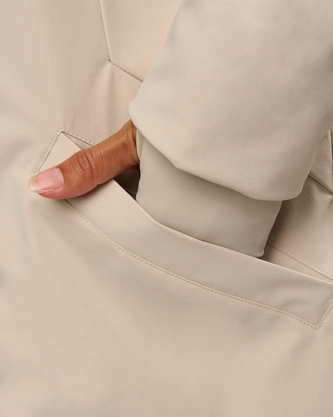 Woman wearing Auxiliary 2.0 Longline Jacket - Shale Beige | Model:Brylee | Size:XS