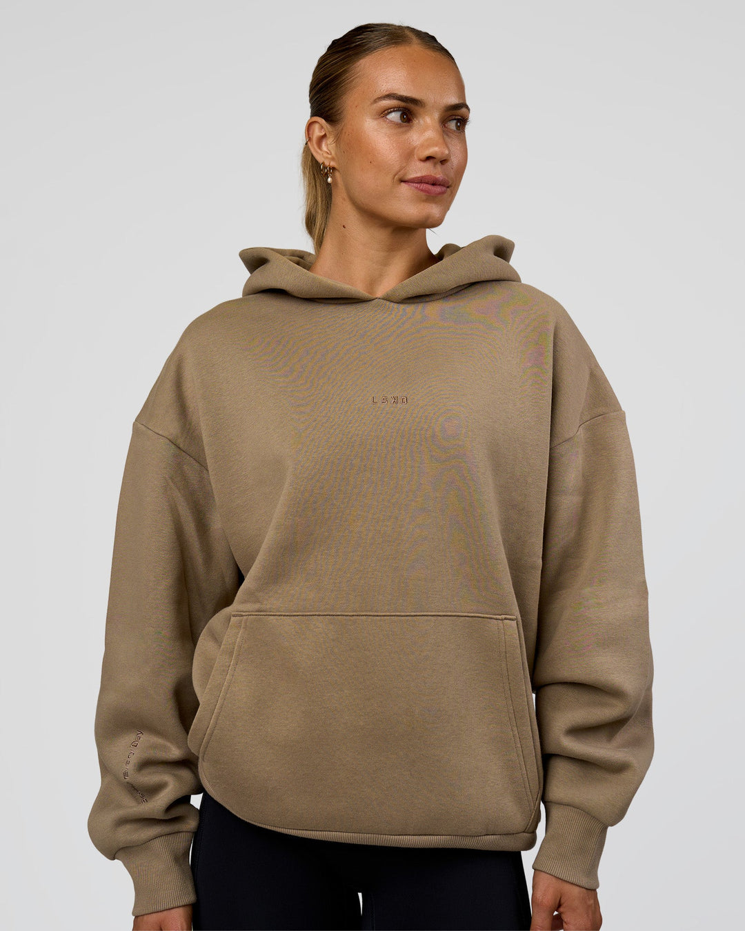 Woman wearing Base Oversized Hoodie - Taupe Ash | Model:Maja | Size:XS