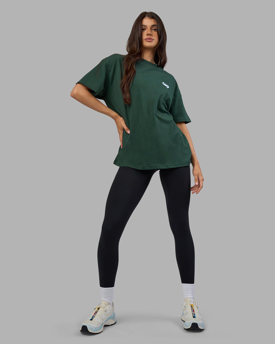 Woman wearing Break Through Heavyweight Oversized Tee - Vital Green-Open Air | Model:Phoebe | Size:XS