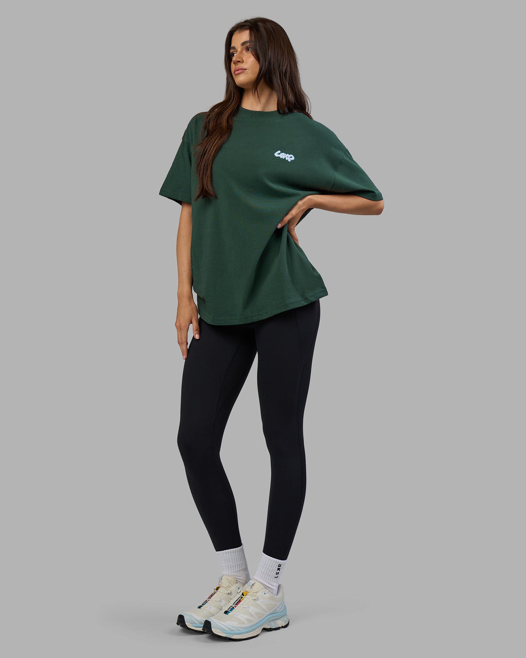 Woman wearing Break Through Heavyweight Oversized Tee - Vital Green-Open Air | Model:Phoebe | Size:XS
