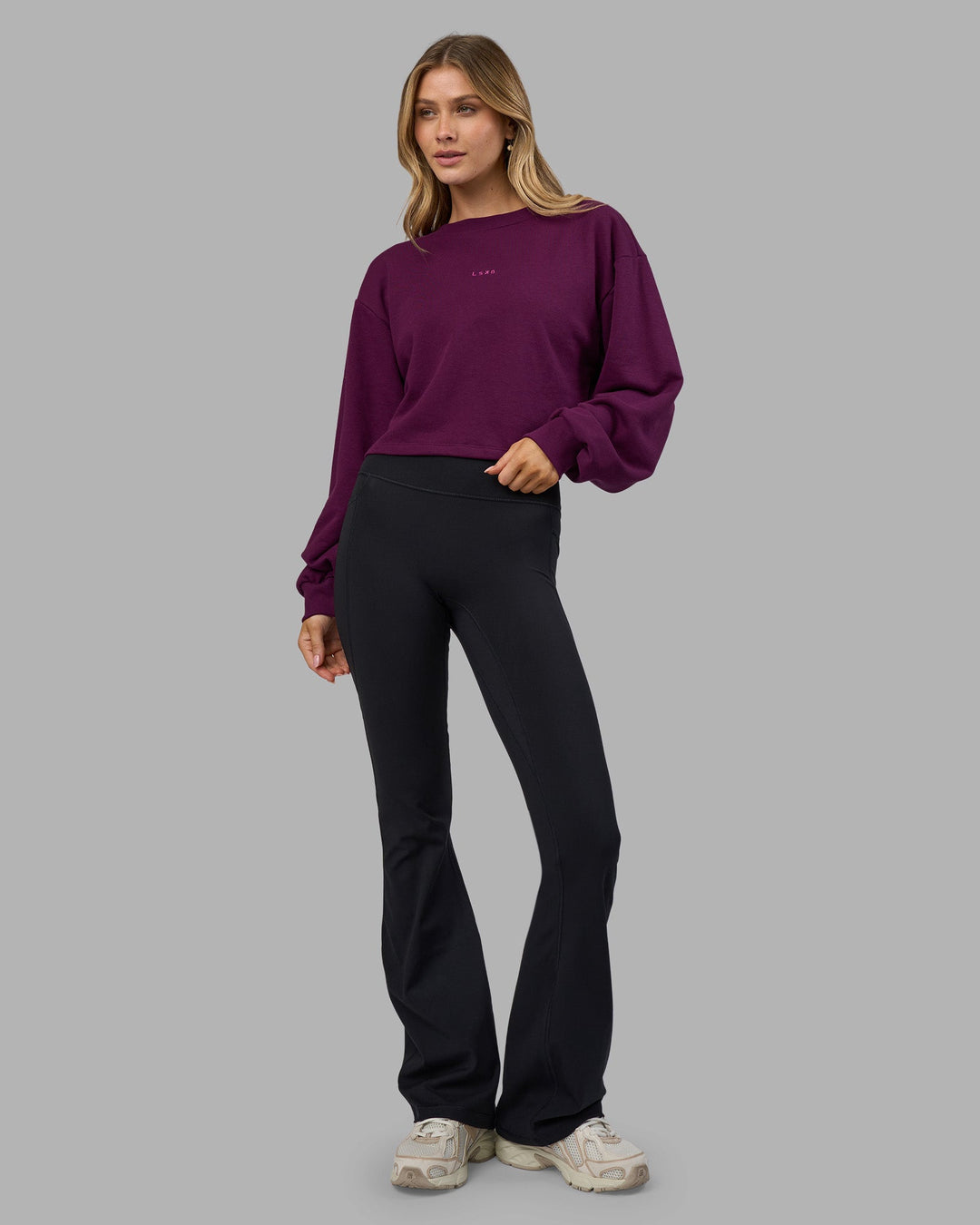 Woman wearing Breeze Open Back Sweater - Plum Caspia-Plum Caspia | Model:Leilani | Size:XS