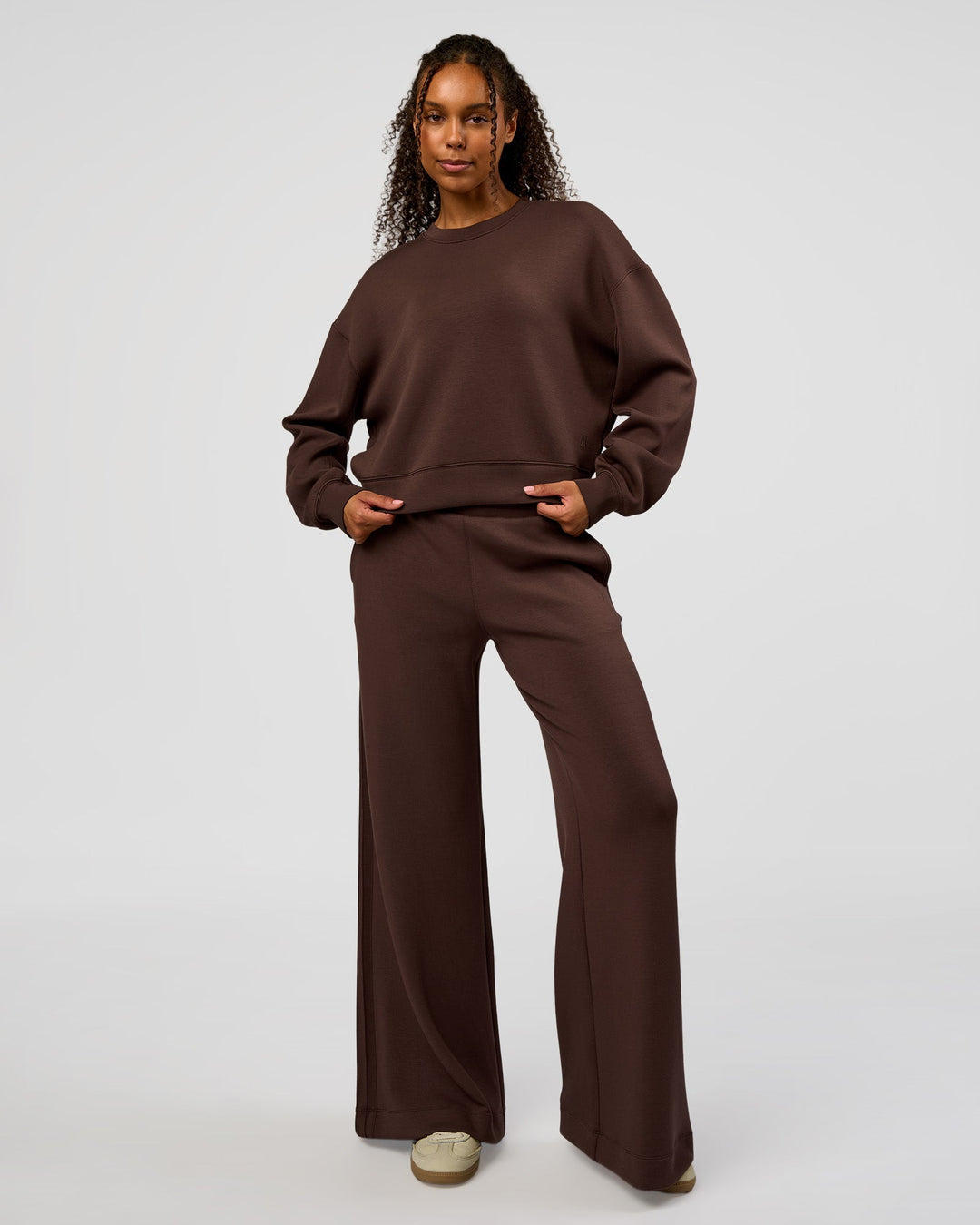 Woman wearing CF Elevate SoftTouch Pintuck Sweater - Hot Chocolate | Model:Jordan | Size:XS