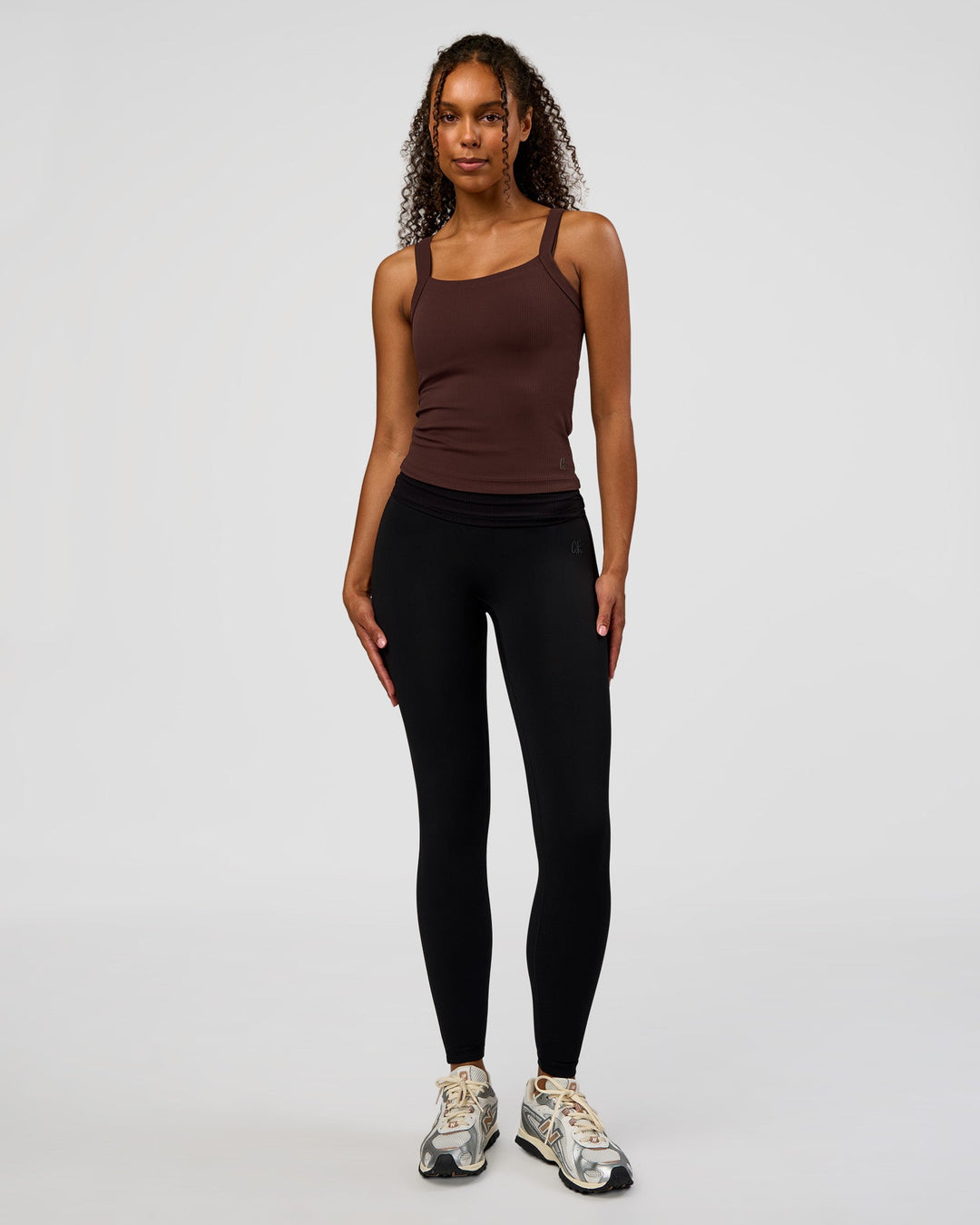 Woman wearing CF Move Through It Rib Tank - Hot Chocolate | Model:Jordan | Size:XS