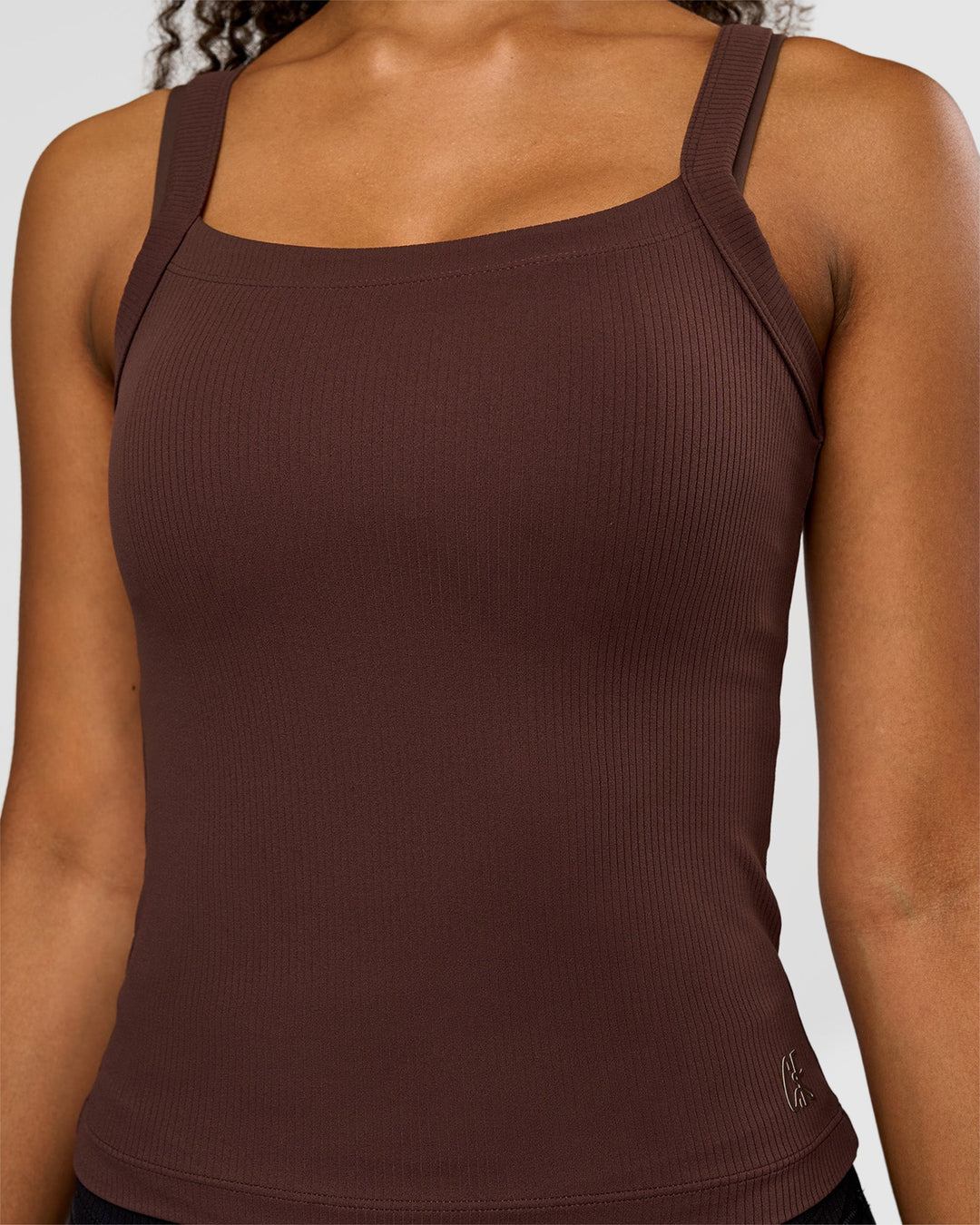 Woman wearing CF Move Through It Rib Tank - Hot Chocolate | Model:Jordan | Size:XS