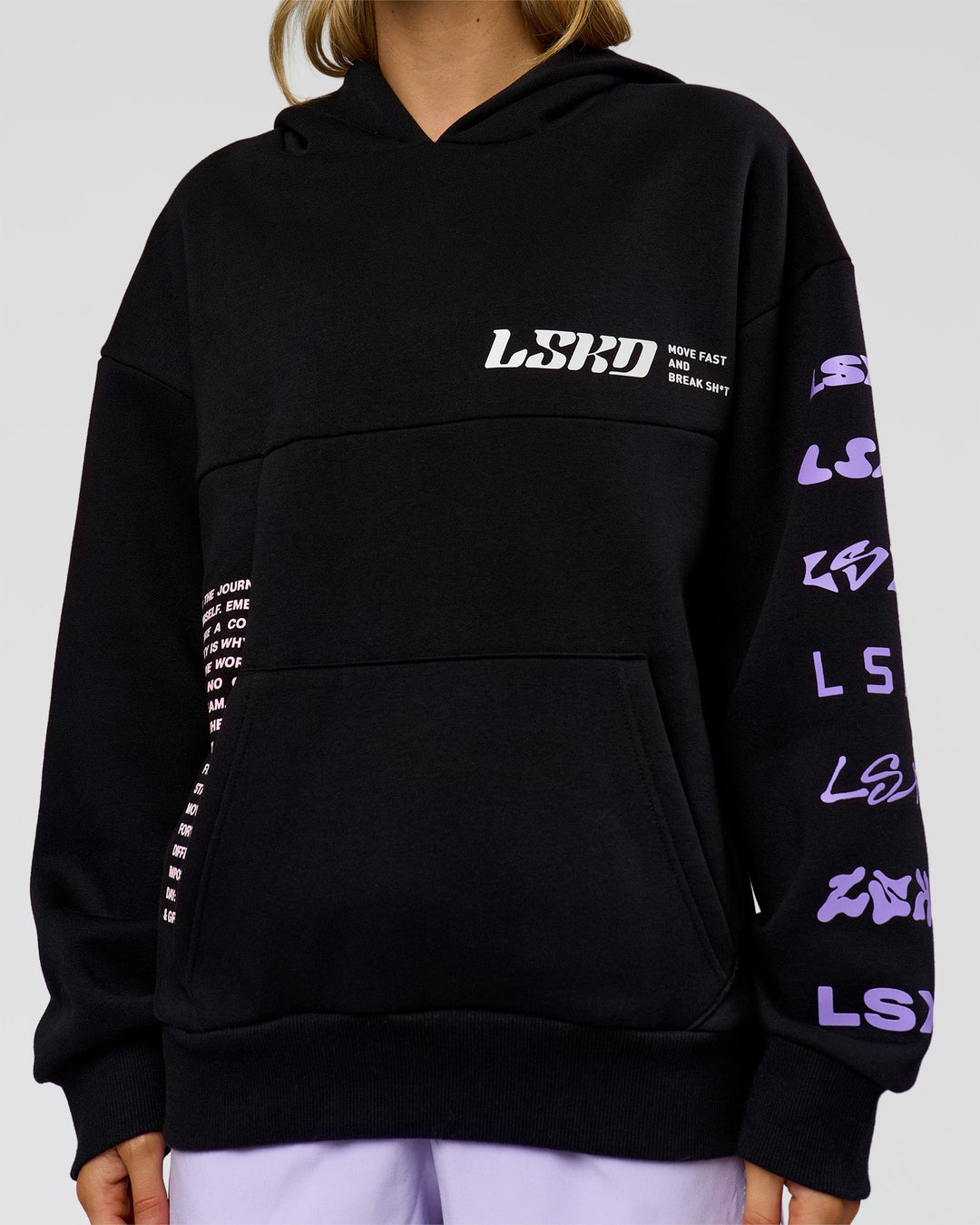 Woman wearing Deconstructed Fleece Hoodie - Caviar-Marshmallow-Pale Lilac | Model:Leilani | Size:XS