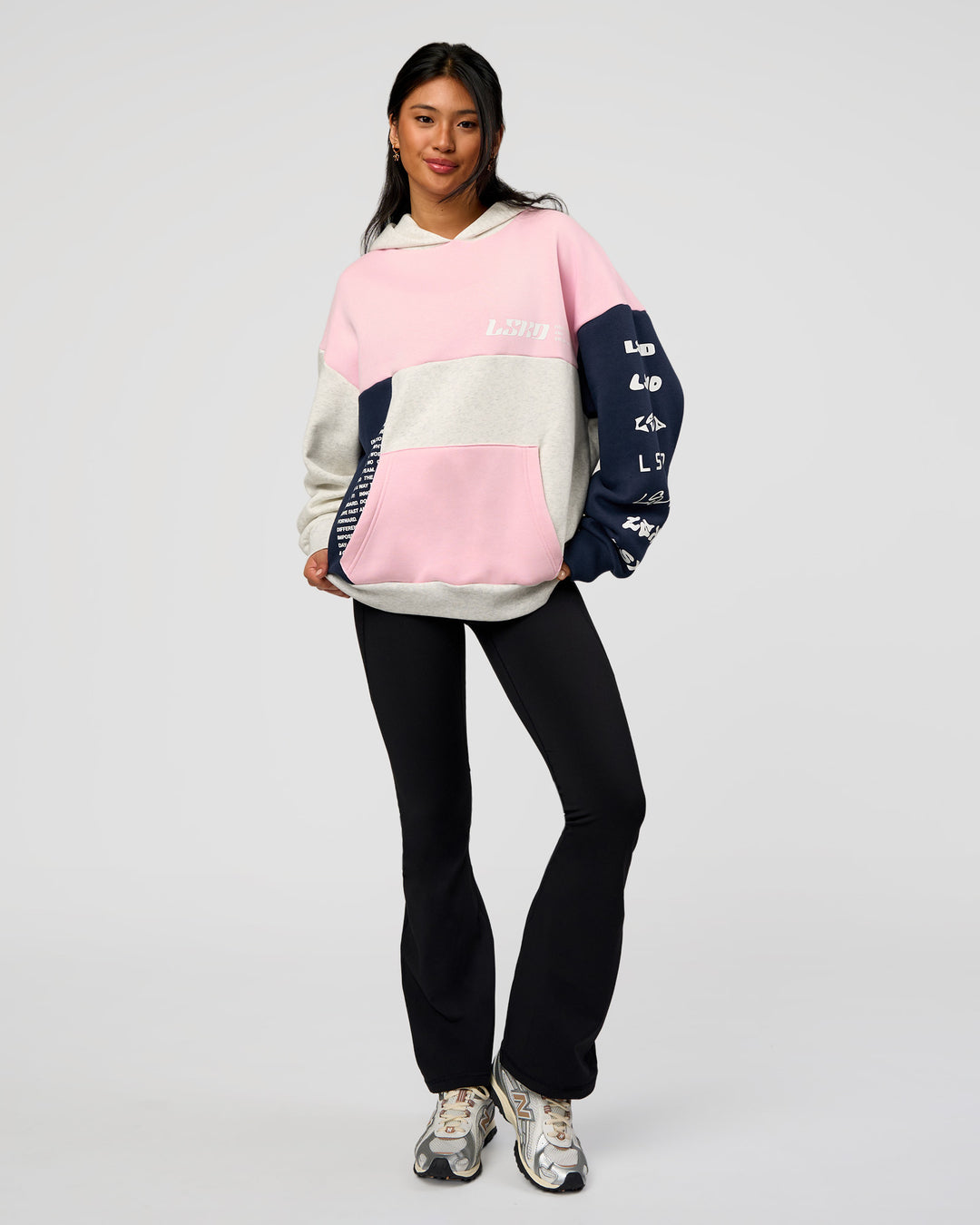 Woman wearing Deconstructed Fleece Hoodie - Grey Marl-Marshmallow-Navy | Model:Loren | Size:XS - view 11