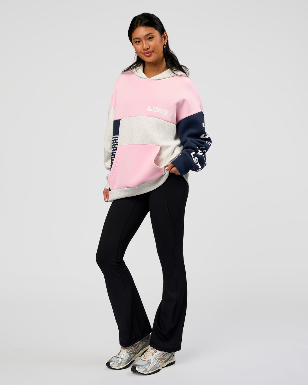 Woman wearing Deconstructed Fleece Hoodie - Grey Marl-Marshmallow-Navy | Model:Loren | Size:XS - view 5