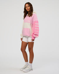 Woman wearing Deconstructed Fleece Hoodie - Off White-Marshmallow-Pink | Model:Dakota | Size:XS