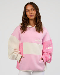 Woman wearing Deconstructed Fleece Hoodie - Off White-Marshmallow-Pink | Model:Dakota | Size:XS