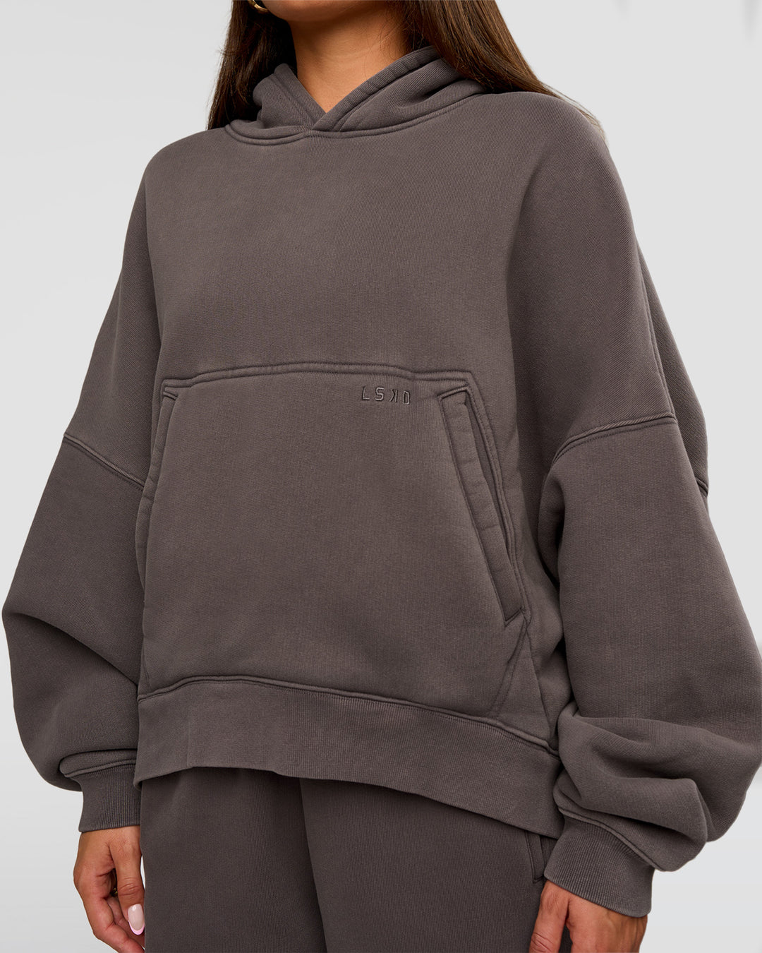 Woman wearing Distort Oversized Hoodie - Duskstone Washed | Model:Bianca | Size:XS - view 4