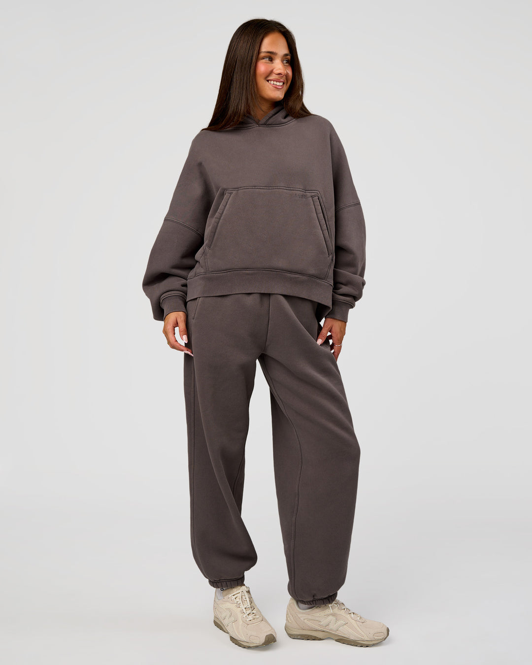Woman wearing Distort Oversized Slouchy Fit Track Pant - Duskstone Washed | Model:Bianca | Size:XS - view 3