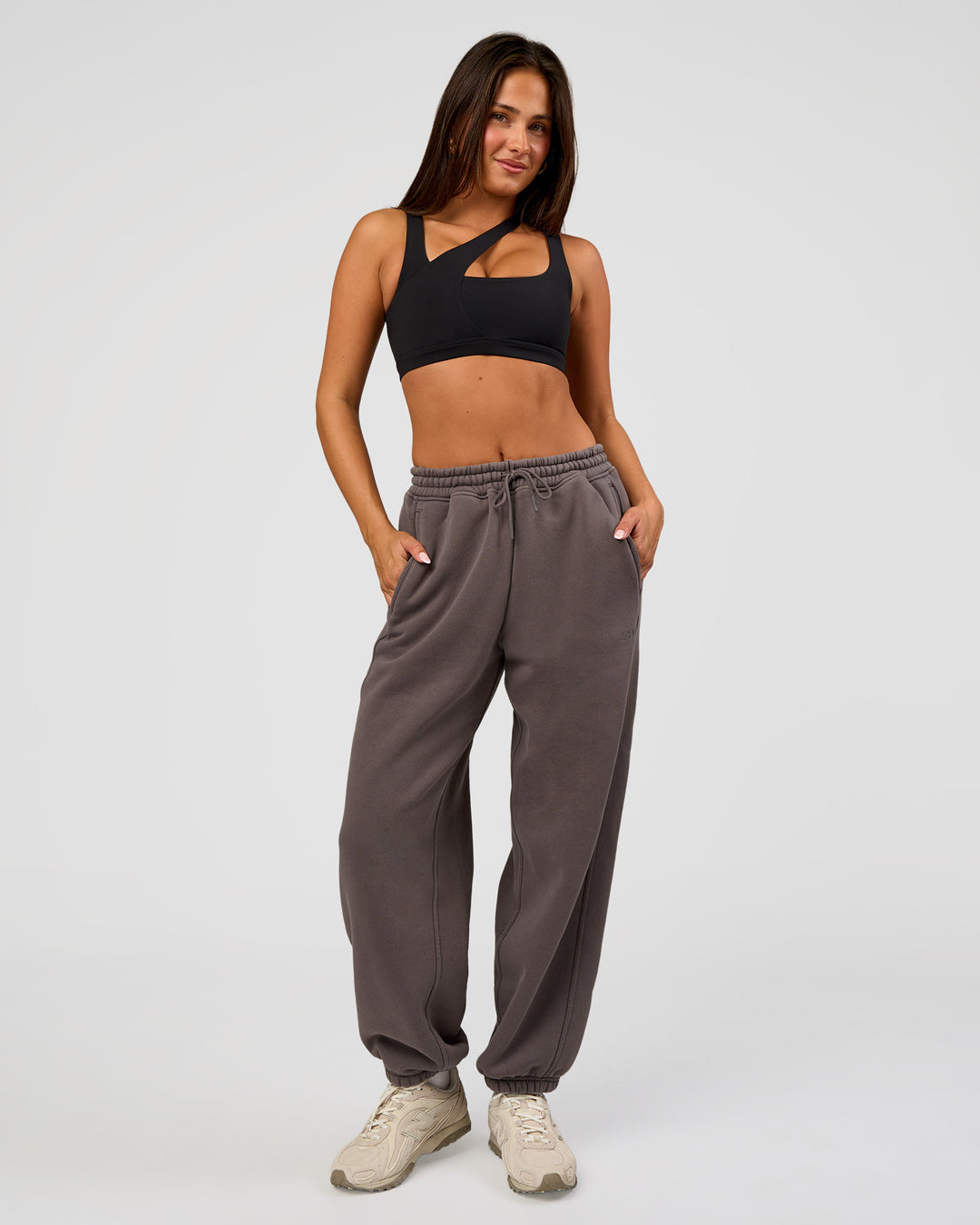 Woman wearing Distort Oversized Slouchy Fit Track Pant - Duskstone Washed | Model:Bianca | Size:XS - view 6