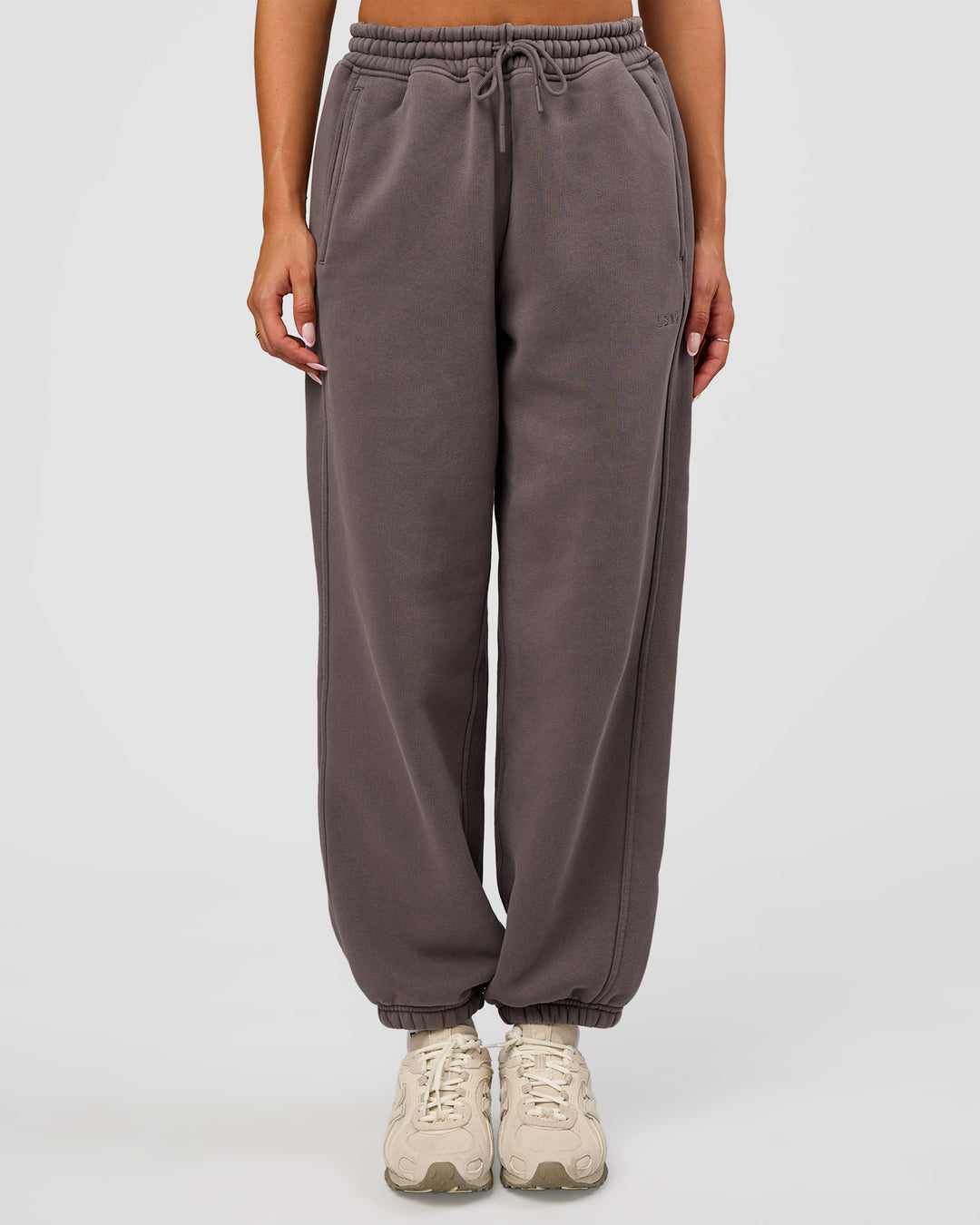 Woman wearing Distort Oversized Slouchy Fit Track Pant - Duskstone Washed | Model:Bianca | Size:XS - view 4