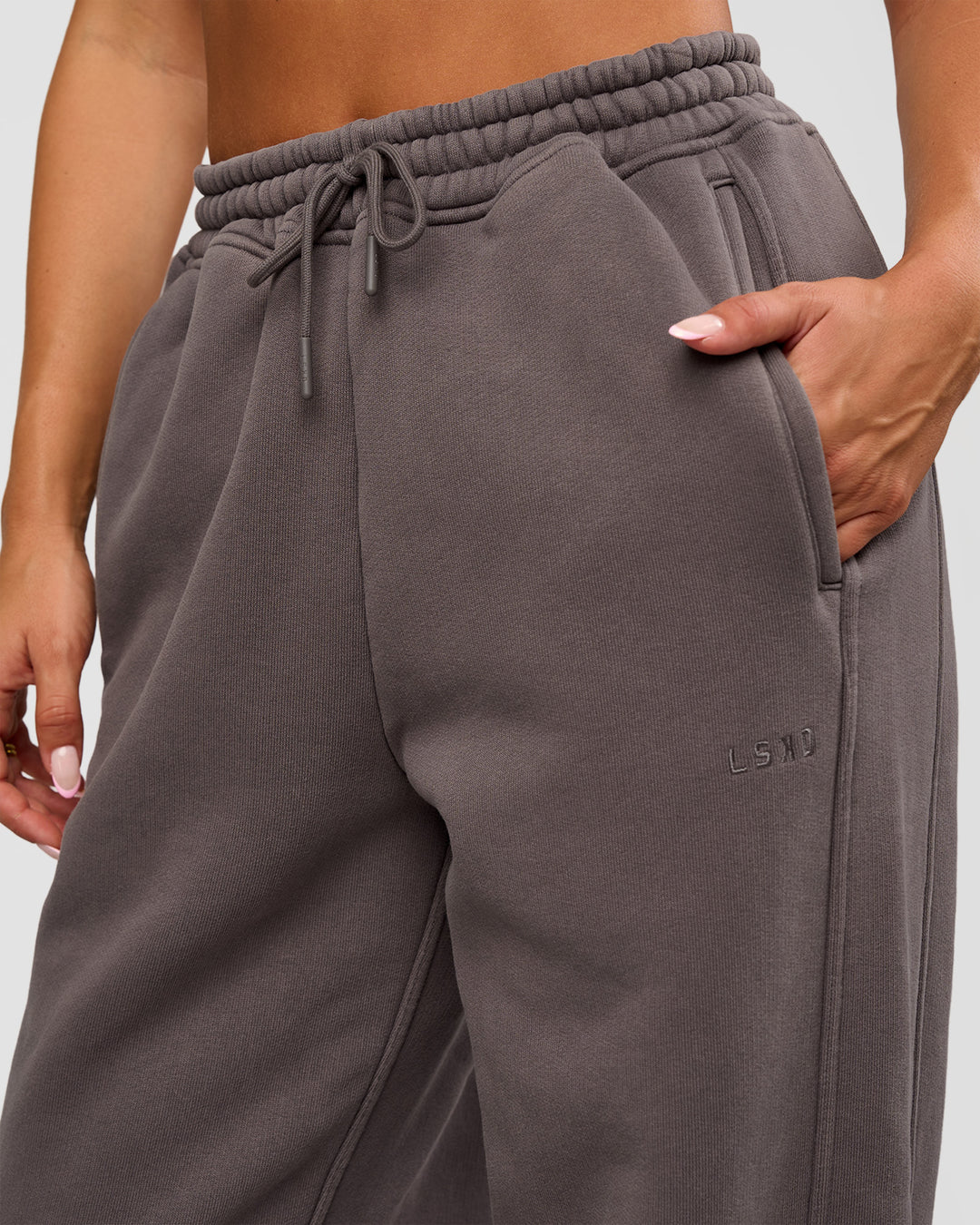 Woman wearing Distort Oversized Slouchy Fit Track Pant - Duskstone Washed | Model:Bianca | Size:XS - view 7