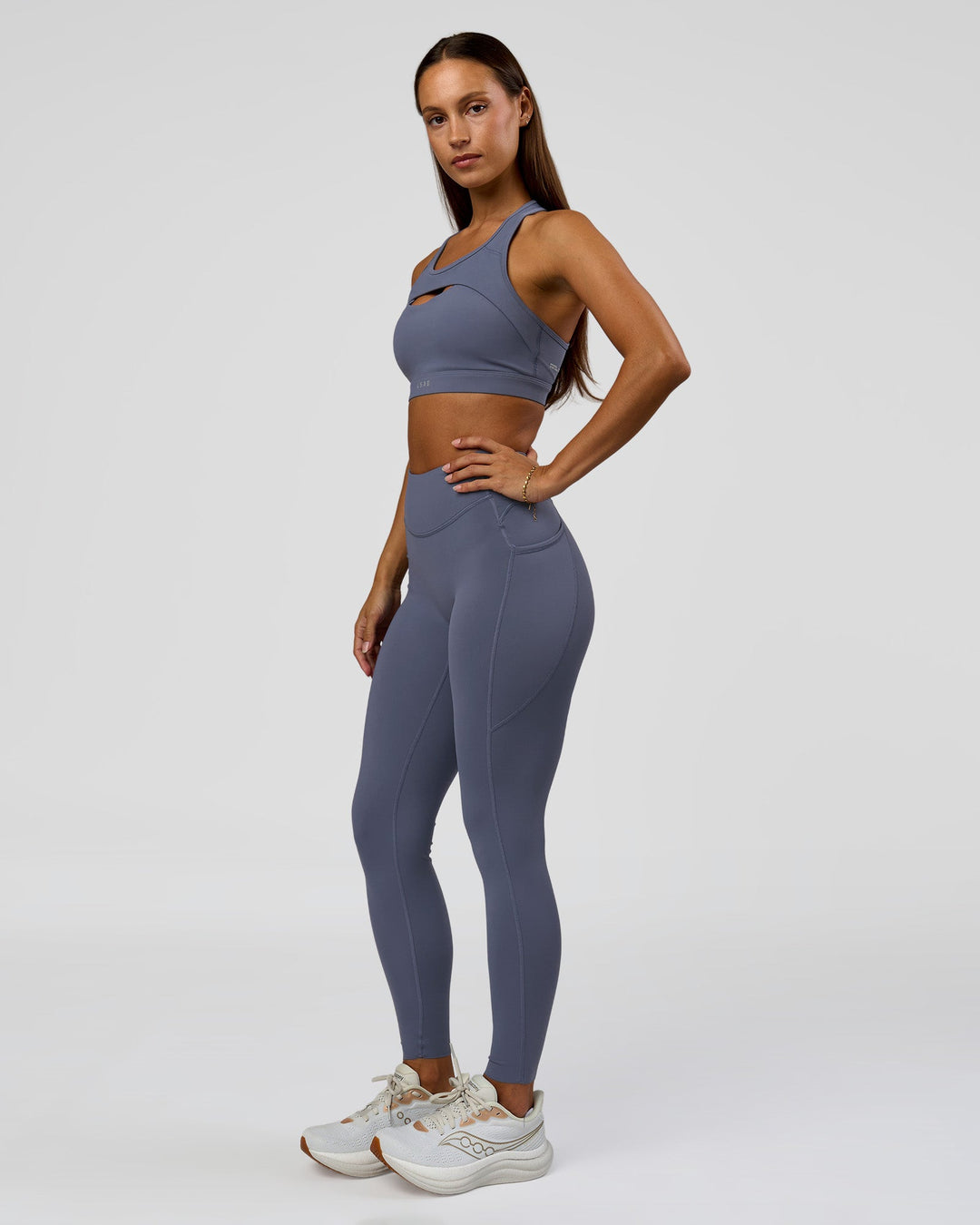 Woman wearing Elite Run High-Rise Full Length Legging Pockets - Night Shadow | Model:Brylee | Size:XS