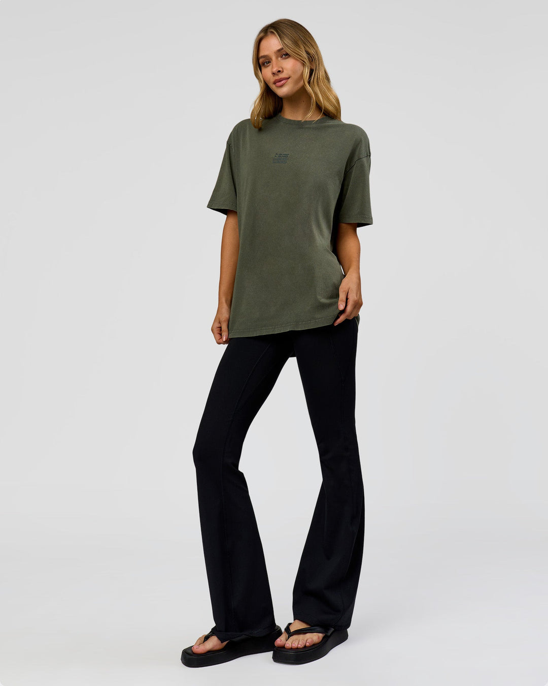 Woman wearing Everyday Elevation FLXCotton Oversized Tee - Carbon Green Washed -White | Model:Leilai | Size:XS