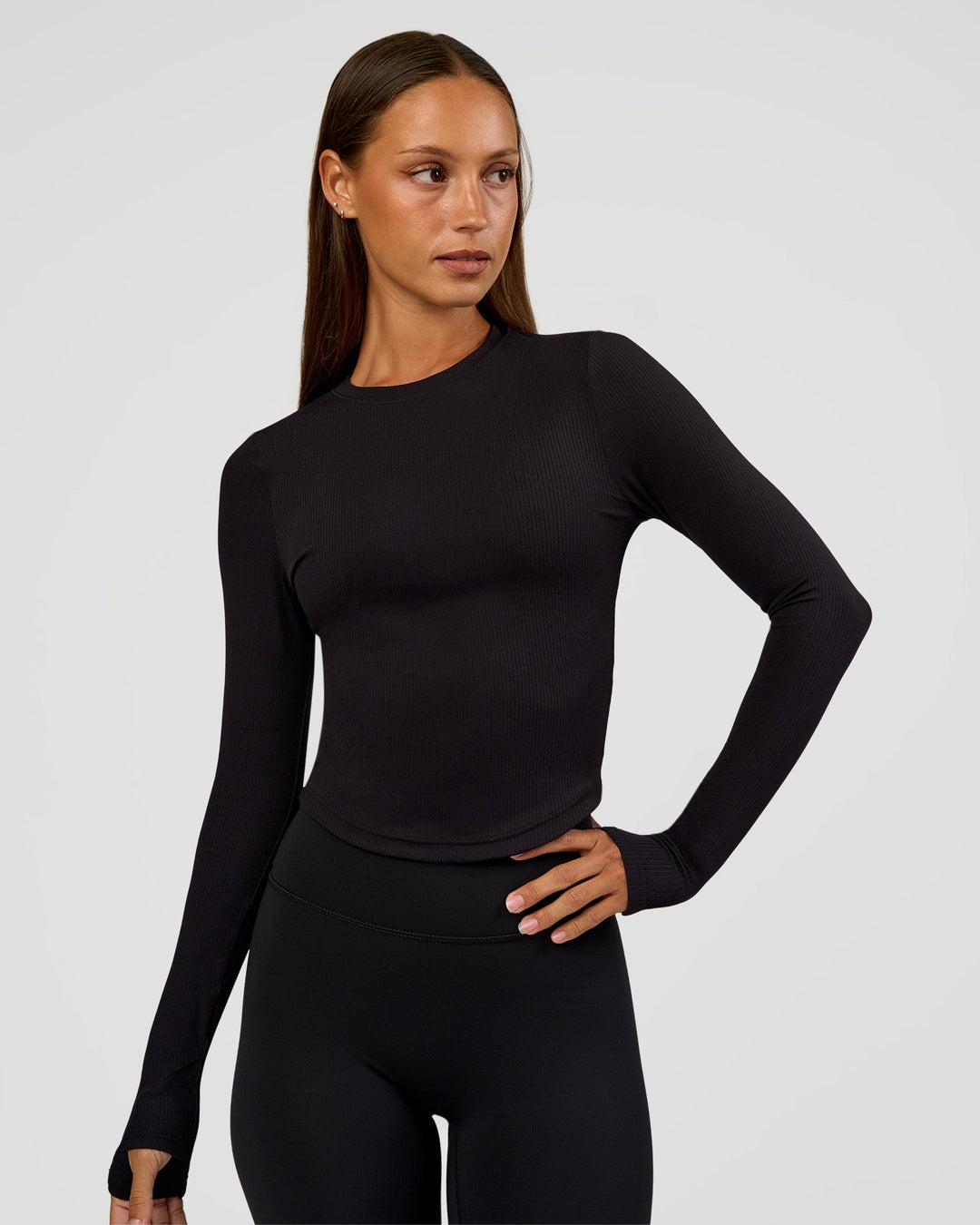 Woman wearing Flow Rib Long Sleeve Tee - Black | Model:Brylee | Size:XS