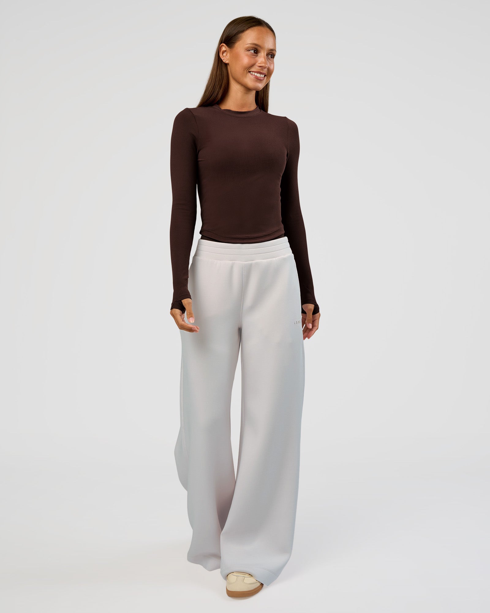 Woman wearing Flow Rib Long Sleeve Tee - Hot Chocolate | Model:Brylee | Size:XS