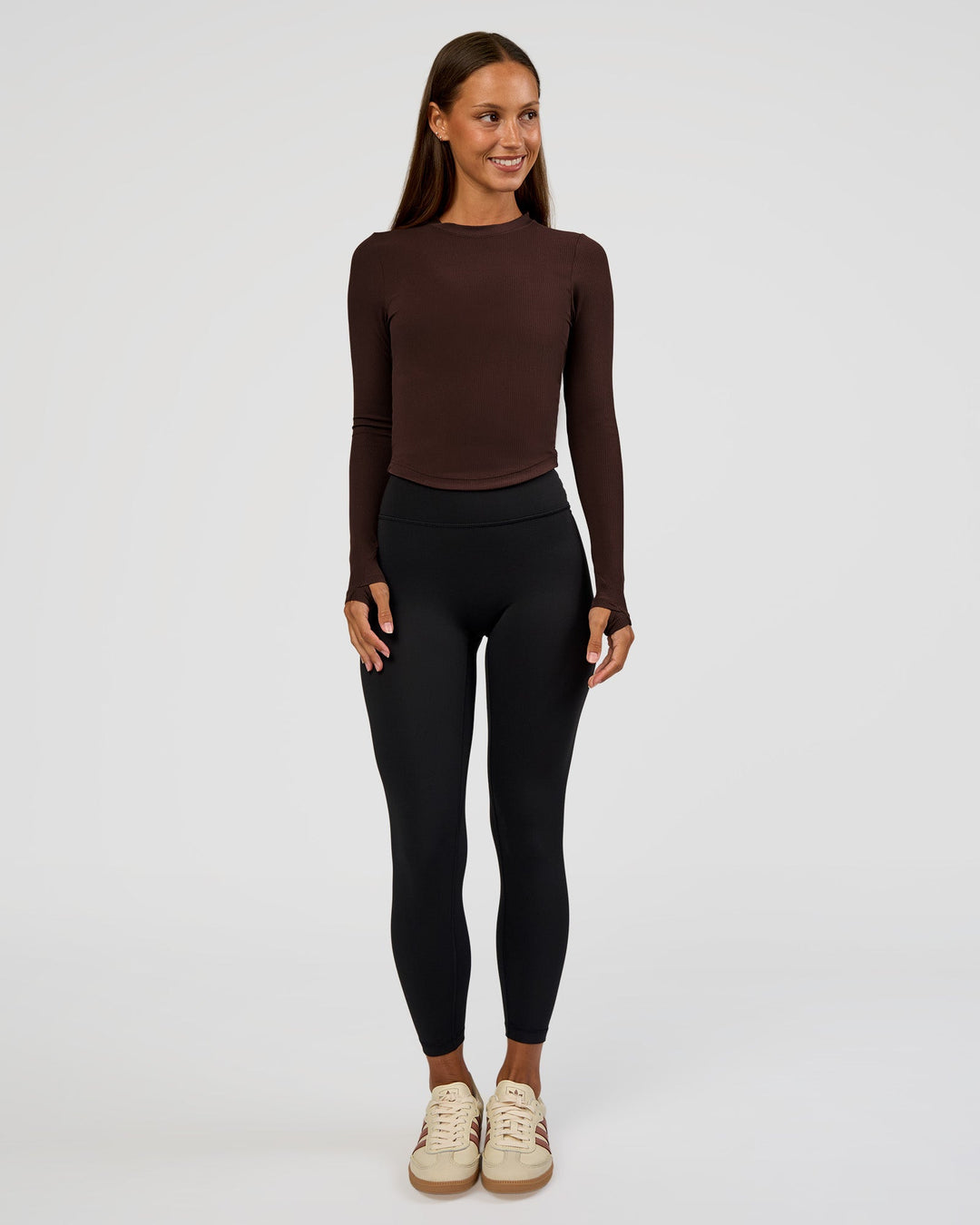 Woman wearing Flow Rib Long Sleeve Tee - Hot Chocolate | Model:Brylee | Size:XS