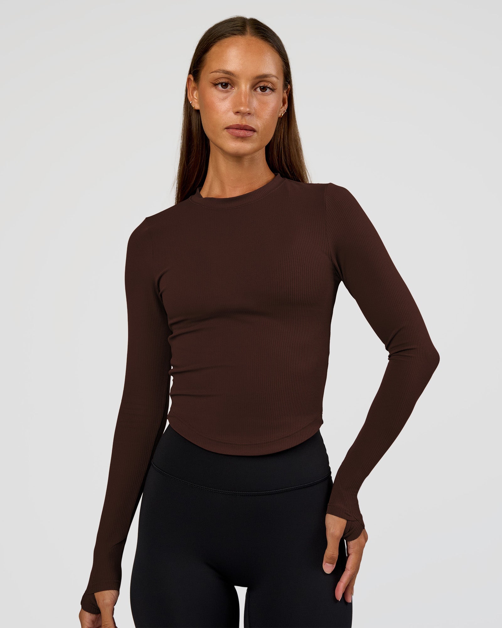 Woman wearing Flow Rib Long Sleeve Tee - Hot Chocolate | Model:Brylee | Size:XS