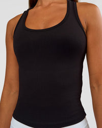 Woman wearing Flow Rib Scoop Neck Tank - Black | Model:Brylee | Size:XS