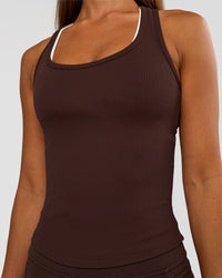 Woman wearing Flow Rib Scoop Neck Tank - Hot Chocolate | Model:Brylee | Size:XS