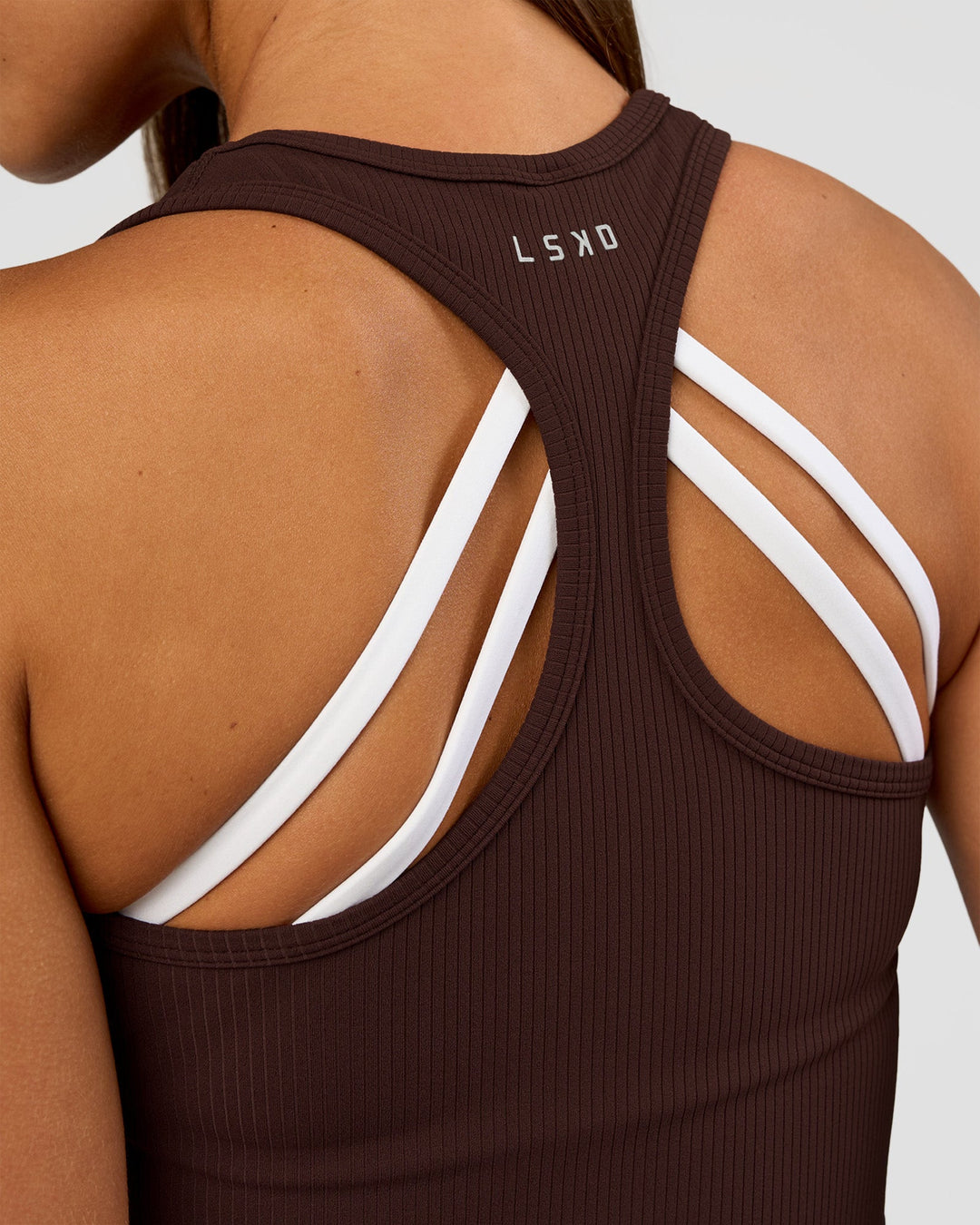 Woman wearing Flow Rib Scoop Neck Tank - Hot Chocolate | Model:Brylee | Size:XS