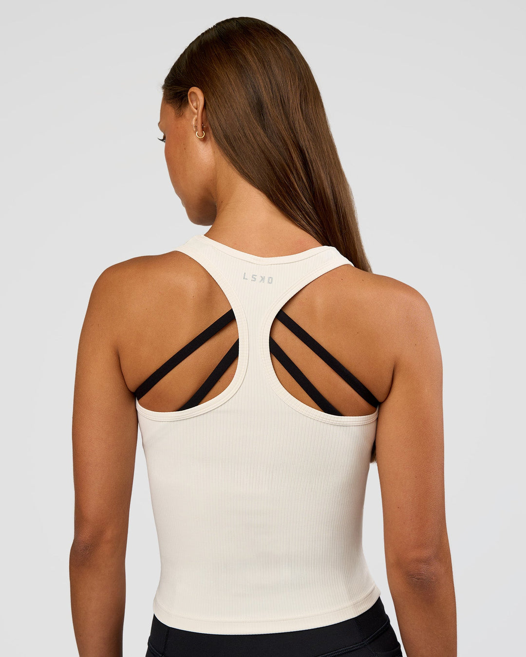 Woman wearing Flow Rib Scoop Neck Tank - Off White | Model:Brylee | Size:XS