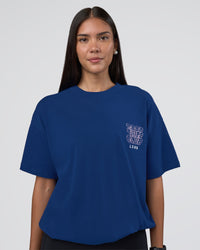 Woman wearing GTC Heavyweight Oversized Tee - Washed Midnight Blue-Marsh | Model:Rhiley | Size:XS