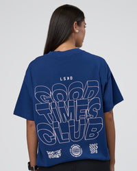 Woman wearing GTC Heavyweight Oversized Tee - Washed Midnight Blue-Marsh | Model:Rhiley | Size:XS