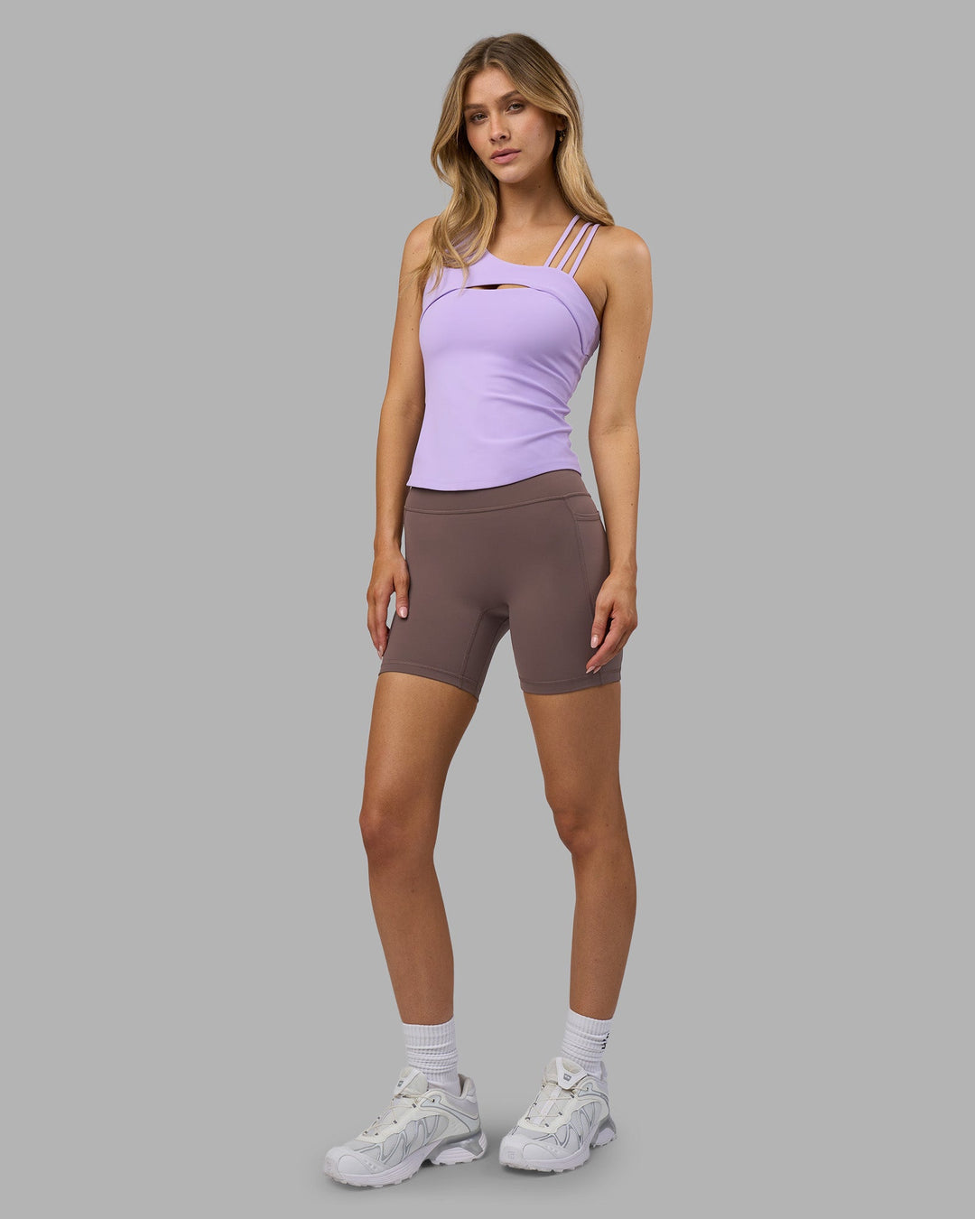 Woman wearing Galvanise Splice Shelf Bra Tank - Pale Lilac | Model:Leilani | Size:XS