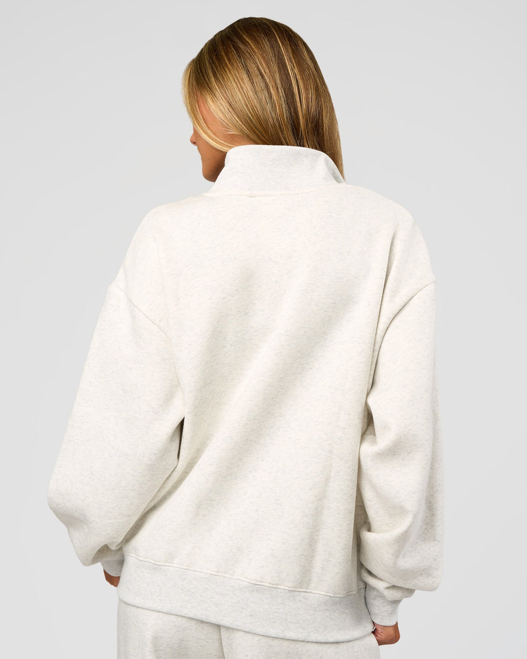 Woman wearing Go-To Oversized Quarter Zip Sweater - Silver Marl | Model:Georgia | Size:XS