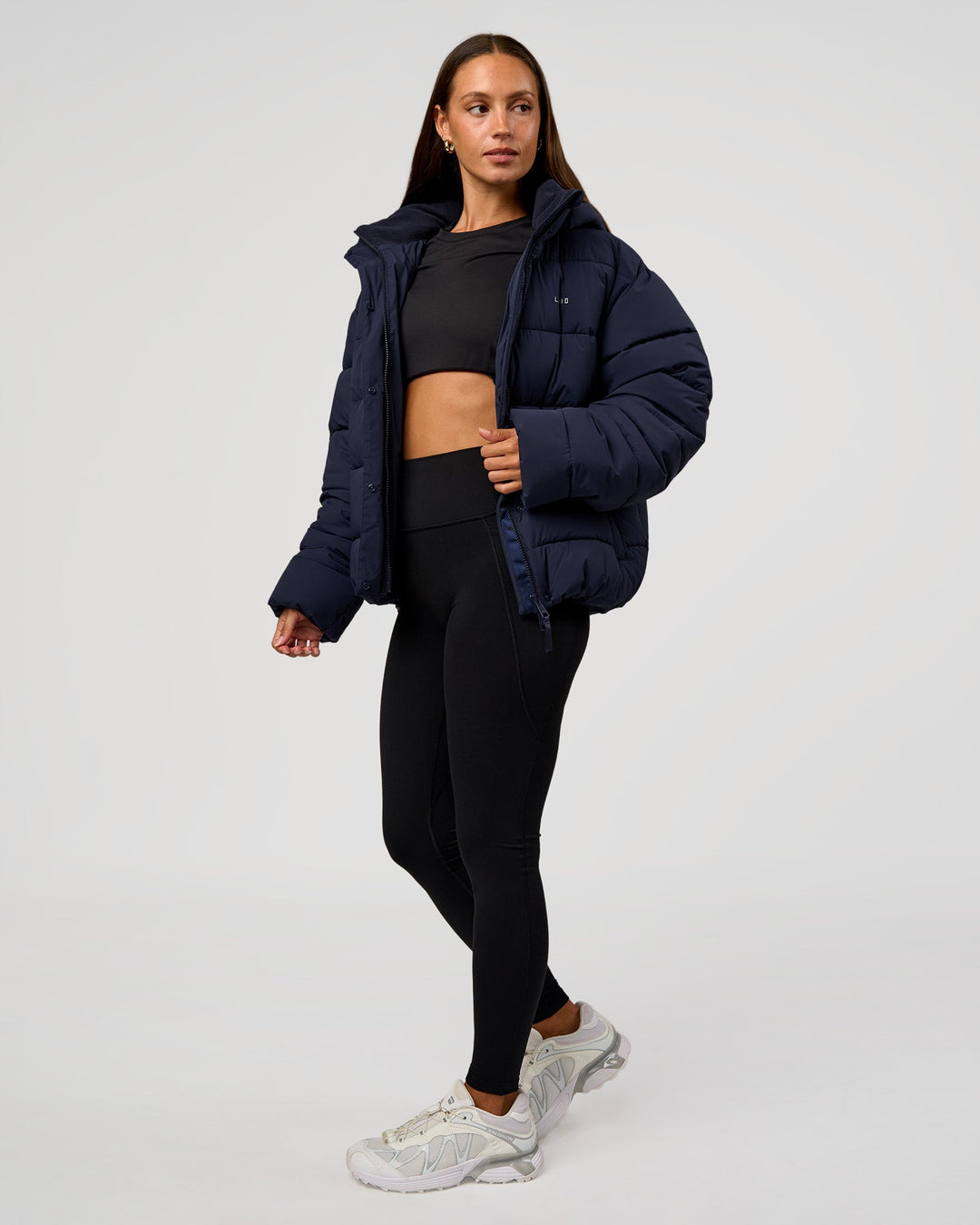 Woman wearing Go-To Puffer Jacket - Future Navy | Model:Brylee | Size:XS