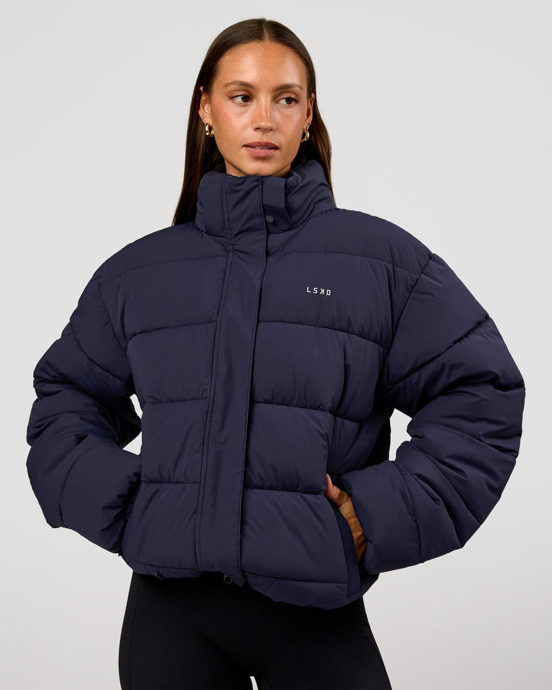 Woman wearing Go-To Puffer Jacket - Future Navy | Model:Brylee | Size:XS