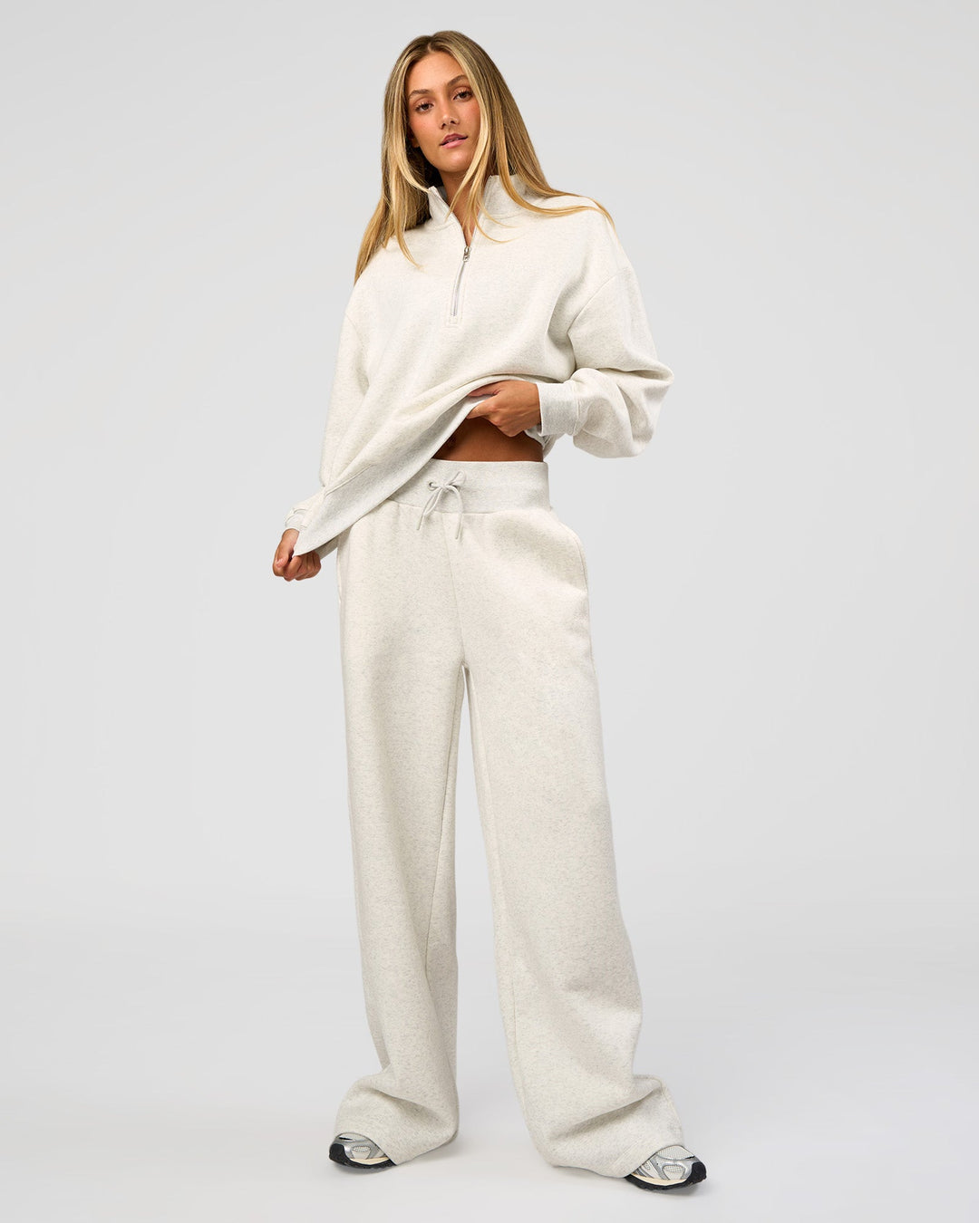 Woman wearing Go-To Wide Leg Track Pant Tall - Silver Marl | Model:Georgia | Size:XS - view 4
