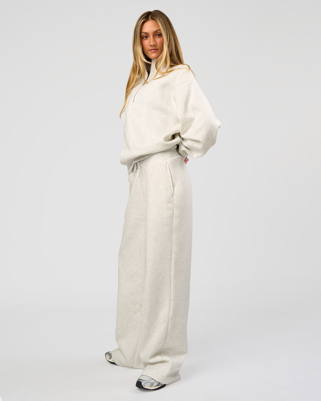 Woman wearing Go-To Wide Leg Track Pant Tall - Silver Marl | Model:Georgia | Size:XS