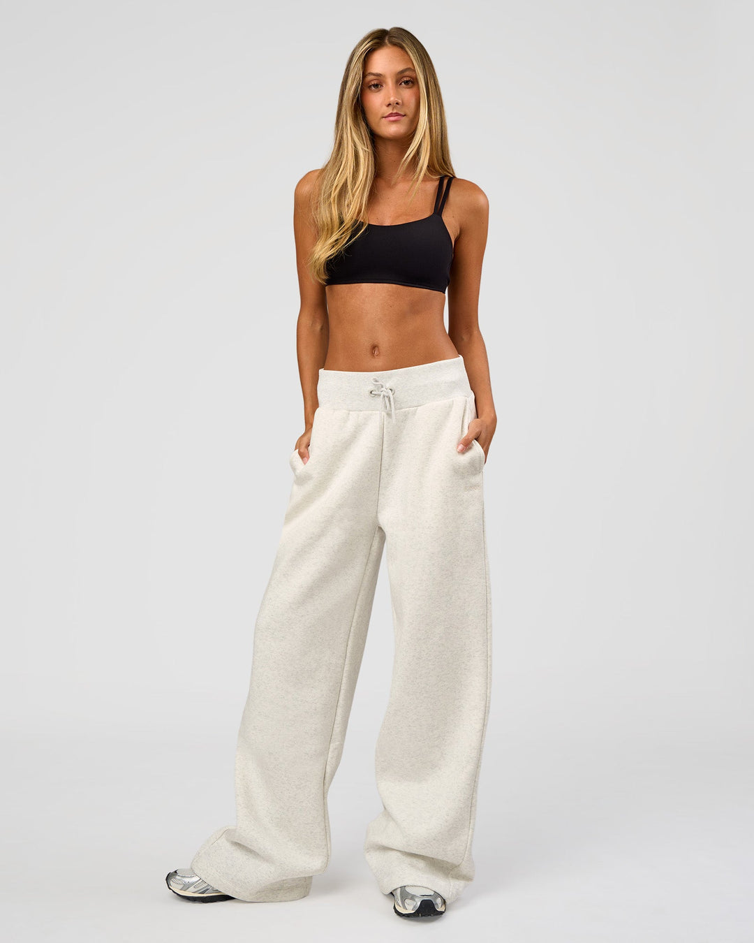 Woman wearing Go-To Wide Leg Track Pant Tall - Silver Marl | Model:Georgia | Size:XS